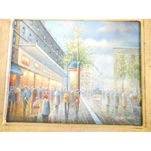 12 - A pair of oils on panel - Paris street scenes, gilt framed, a beach scene by Marie Charlot and a sti... 