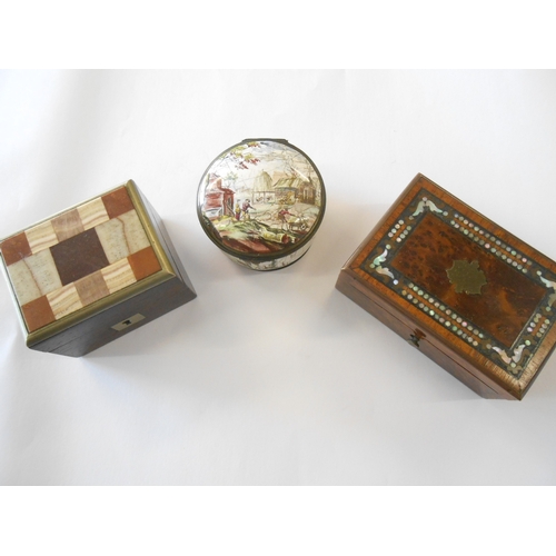 252 - A 19th Century enamel pill box decorated figures in a farmyard, a Victorian box with hardstone lid a... 