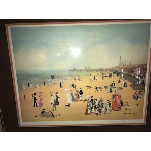 21 - A coloured print after Helen Bradley entitled Blackpool Sands, framed and glazed - 19in. x 24in.