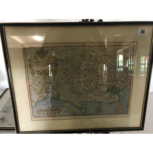 36 - An early 17th Century engraved map of Dorset by William Kip, framed and glazed