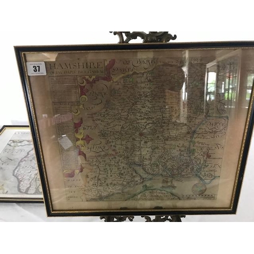 37 - An early 17th Century engraved map of Hamshire by William Hale and William Kip 1610, framed and glaz... 