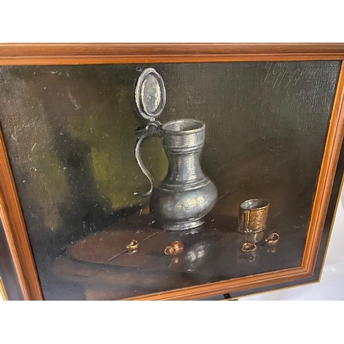 14 - J Oppenheimer.  A signed oil on canvas - Still life of a pewter flagon, framed - 12 1/2in. x 15 1/2i... 