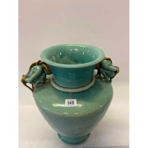 145 - A large Romilly Graham turquoise glazed urn form vase with stylised figural handles - 15 1/2in. high