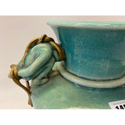 145 - A large Romilly Graham turquoise glazed urn form vase with stylised figural handles - 15 1/2in. high