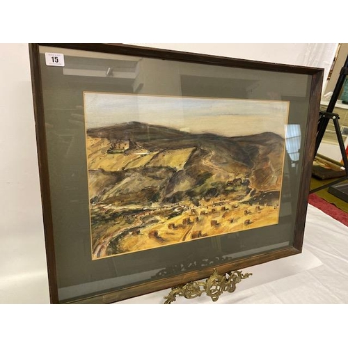 15 - R. Hobson 77.  A signed watercolour - Landscape scene, mounted, framed and glazed - 14in. x 21in.