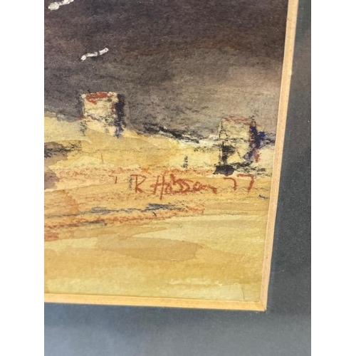 15 - R. Hobson 77.  A signed watercolour - Landscape scene, mounted, framed and glazed - 14in. x 21in.