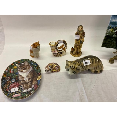 151 - A Royal Crown Derby model of a cat, a ditto candlestick in the form of a ram, a Venetian blue and si... 