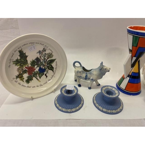 158 - Two Wedgwood blue jasper candlesticks, a pair of Danish oval dishes decorated flowers and leaves, th... 