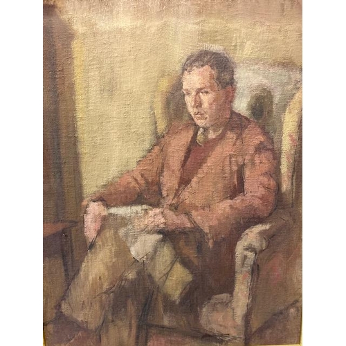 17 - Doulgas Pittuck.  Oils on canvas - Portrait of Esmond Collins in an armchair, framed - 17 1/2in. x 1... 