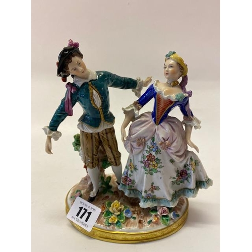 171 - A Sitzendorf porcelain group of a lady and gentleman in floral dress, on floral decorated base - 7in... 