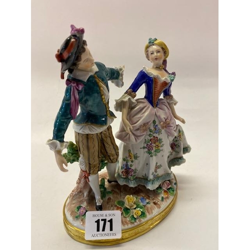 171 - A Sitzendorf porcelain group of a lady and gentleman in floral dress, on floral decorated base - 7in... 