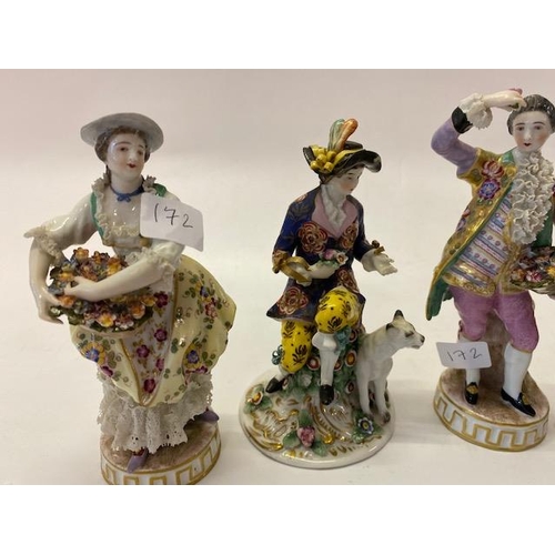 172 - A pair of Continental porcelain figures, male and female in floral dress, each with a basket of flow... 