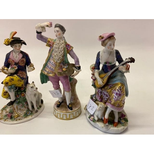 172 - A pair of Continental porcelain figures, male and female in floral dress, each with a basket of flow... 