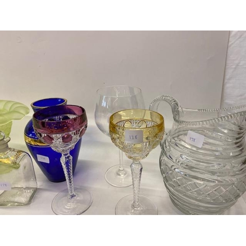 178 - A selection of glassware including six red wine goblets, liqueurs, wine carafe, hocks, fruit bowls, ... 