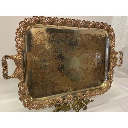 183 - A large rectangular plate on copper tray fitted double handles, engraved centre