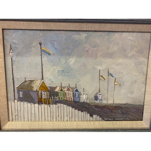 19 - Terrence Bennett.  Oils on canvas - Beach Huts Sutton, framed - 8in. x 11 1/2in.