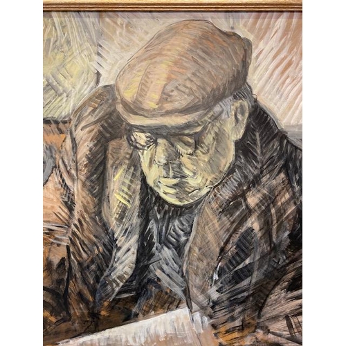 20 - Ben Johnson.  Oils on board - Portrait of a seated gentleman in a flat cap, reading a newspaper, fra... 