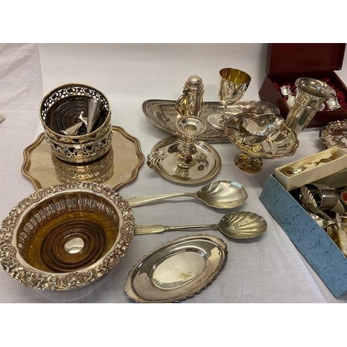 203 - A selection of silver plated items including bottle coasters, teapot, flatware, novelty cocktail sti... 