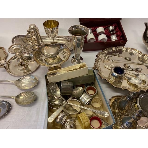 203 - A selection of silver plated items including bottle coasters, teapot, flatware, novelty cocktail sti... 