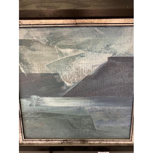 21 - BM 96 (Hardy Brix).  Oils on canvas - Lake and mountain in blue and grey, framed  - 11 1/2in. square