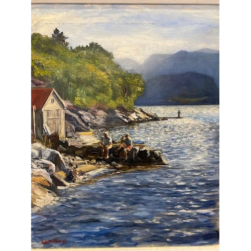 22 - Roar Kjernstad. Oils on canvas - Norwegian coastal scene, framed - 18in. x 15in.