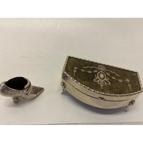 234 - A silver coloured metal pin cushion in the form of a shoe and a silver trinket box, the tortoiseshel... 