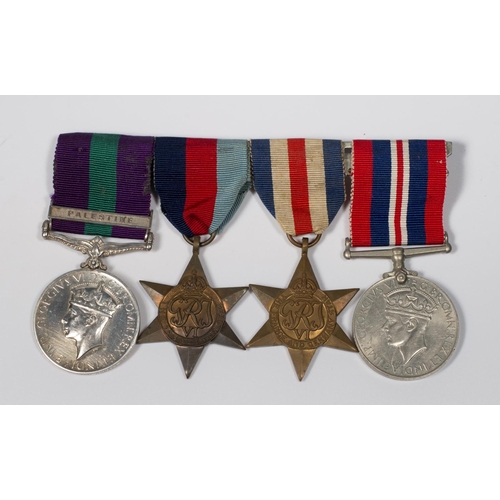 308 - A General Service medal with Palestine bar and a group of three Second World War medals comprising:-... 