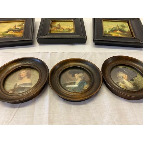 34 - Three paintings on small tiles of Dutch scenes, framed - 3in. square and three coloured engravings i... 