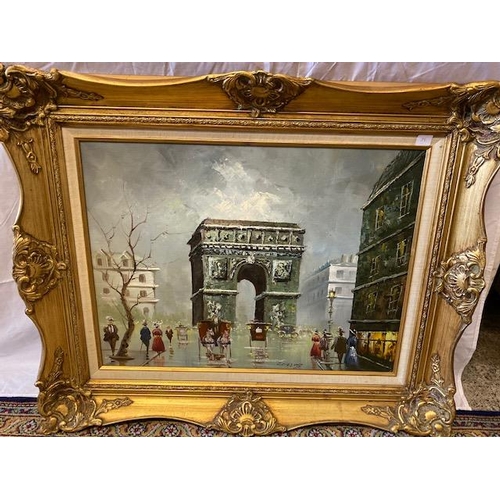 39 - Chesney.  Oils on canvas - Arc De Triomphe, gilt framed - 18in. x 24in. and V. Bargen.  Oils on canv... 