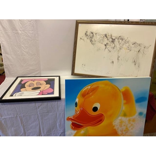 50 - A large print on canvas of a rubber duck - 39in. square, a print of Minnie Mouse, framed and glazed,... 