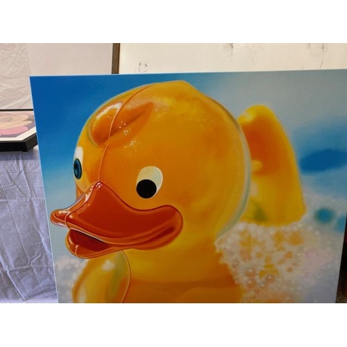 50 - A large print on canvas of a rubber duck - 39in. square, a print of Minnie Mouse, framed and glazed,... 