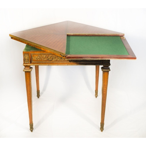 64 - A French kingwood card table with envelope folding top, brass banded, fitted frieze drawer, applied ... 