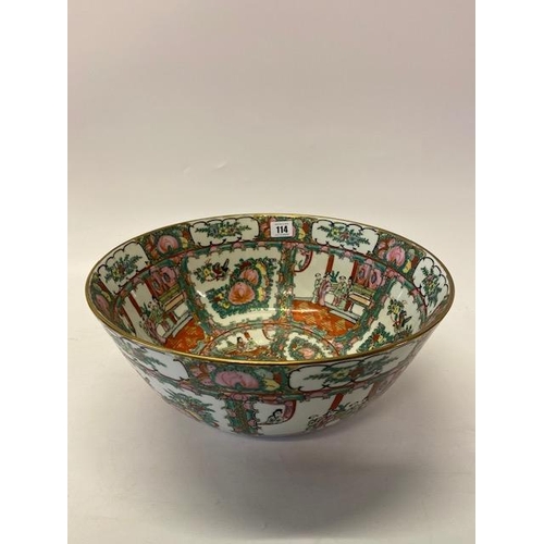 114 - A large modern Cantonese bowl decorated figures and flowers in reserves - 14in. dia.
