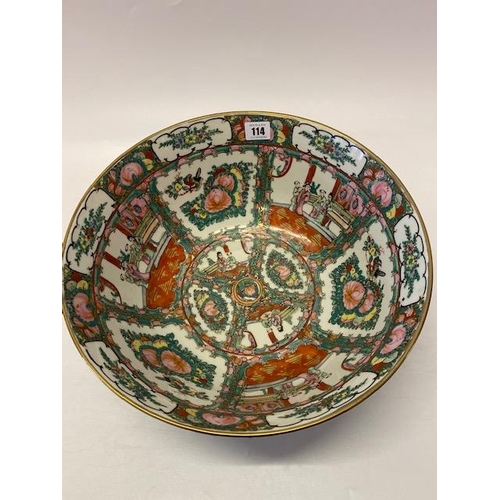 114 - A large modern Cantonese bowl decorated figures and flowers in reserves - 14in. dia.