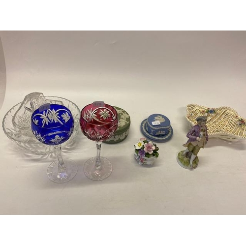 117 - A Wedgwood blue jasper trinket box and pin tray, a green jasper box, crinoline ladies, two hocks, gl... 