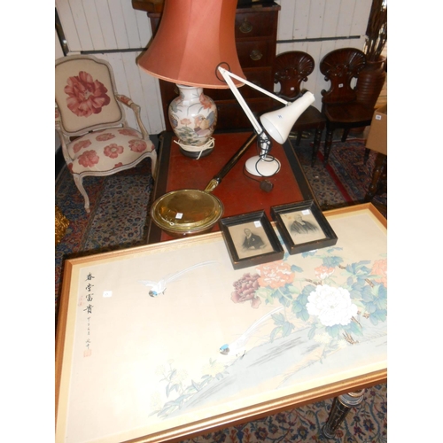 71 - A cream sprayed angle poise lamp, an antique brass and copper warming pan, a Chinese style tablelamp... 