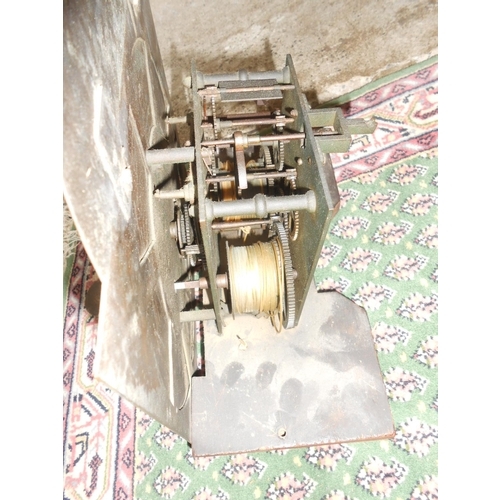 73 - An 18th Century longcase clock with brass dial, pierced brass spandrels, in an oak case with broken ... 