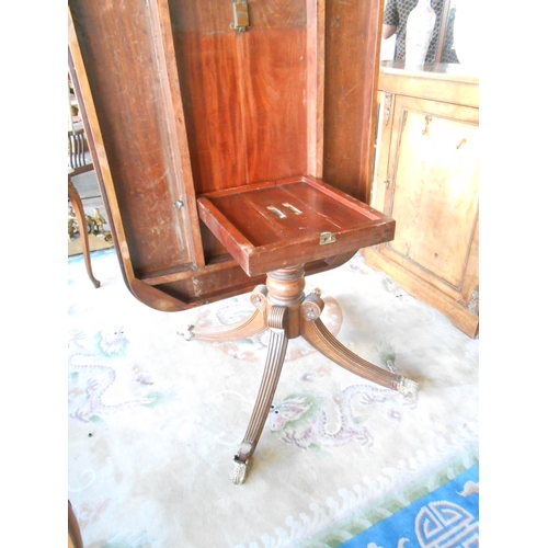 97 - A 19th Century mahogany breakfast table with square hinged top, on turned column, downswept legs wit... 