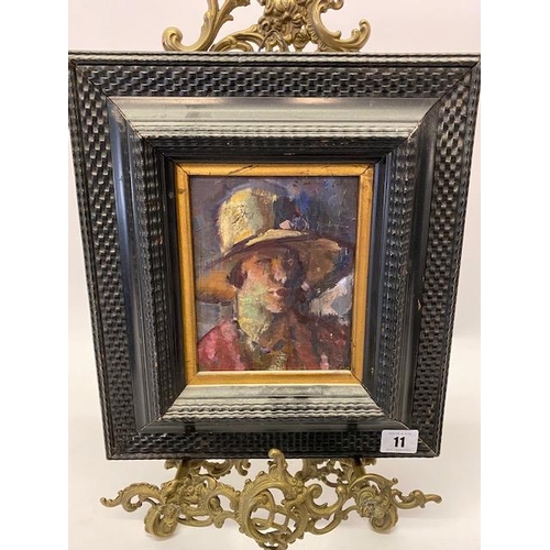 11 - Oils on board - Head and shoulders of a lady in a large hat, in a decorative black frame - 6 1/2in. ... 