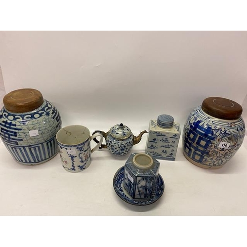 110 - Two Chinese blue and white ginger jars with wooden lids - 9 1/2in. high, a Chinese blue and white te... 