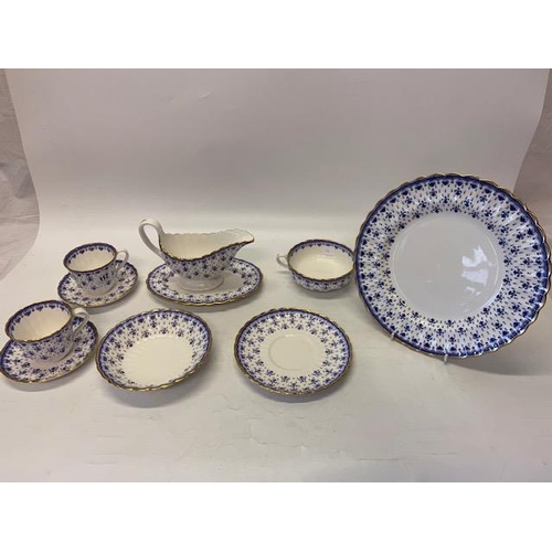 112 - A Spode Fleur De Lys Blue pattern part tea and dinner service comprising:- six dinner and six desser... 