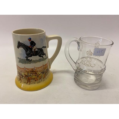 125 - A Royal Doulton Sporting Series design mug and a glass tankard retailed by Thomas Goode