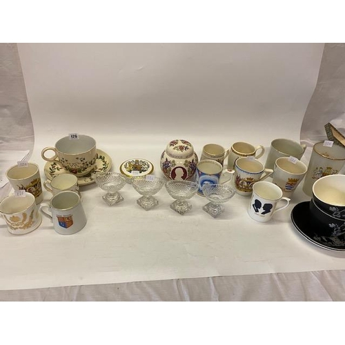 126 - A collection of commemorative china, two Crown Devon cups and saucers decorated prancing horses, fou... 