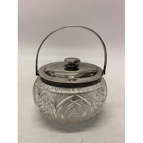 147 - A Mappin and Webb oval fine hobnail and slice cut biscuit barrel with plain silver lid, handle and r... 