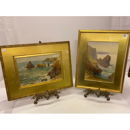 22 - T. Hart.  A watercolour - Rocky coastline, gilt framed and glazed - 14in. x 10in. and W. Pasley.  A ... 