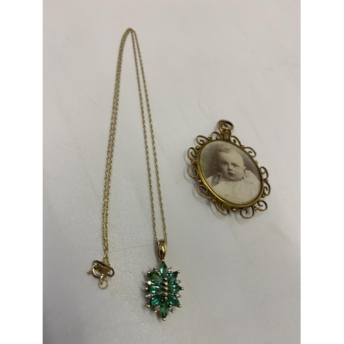 221 - A 9ct. gold pendant set emeralds and diamonds to flower form, on a fine 9kt. gold chain and a 9ct. g... 