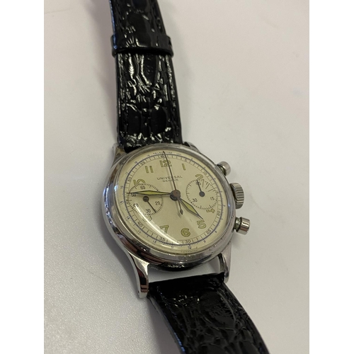 224 - A gentleman's 1940's Universal Chronograph wristwatch in a stainless steel case, on a leather strap