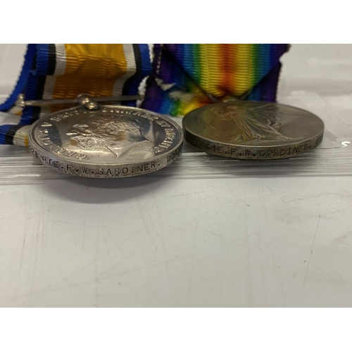 239 - A pair of First World War medals awarded to 19228 Pte F.W Gardiner Dorset Reg