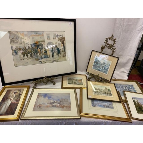 26 - A selection of coloured prints including The Meeting Of Pip and Estella In The Inn Yard, framed and ... 