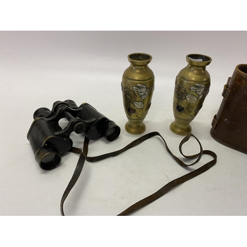 276 - A pair of Chinese mixed metal vases - 6in. high and a pair of French Army binoculars in leather case